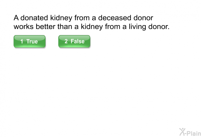 A donated kidney from a deceased donor works better than a kidney from a living donor.