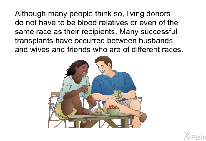 Although many people think so, living donors do not have to be blood relatives or even of the same race as their recipients. Many successful transplants have occurred between husbands and wives and friends who are of different races.