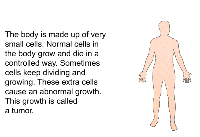 The body is made up of very small cells. Normal cells in the body grow and die in a controlled way. Sometimes cells keep dividing and growing. These extra cells cause an abnormal growth. This growth is called a tumor.