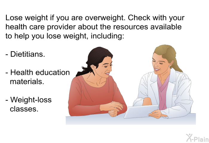 Lose weight if you are overweight. Check with your health care provider about the resources available to help you lose weight, including:   Dietitians.  Health education materials. Weight-loss classes.