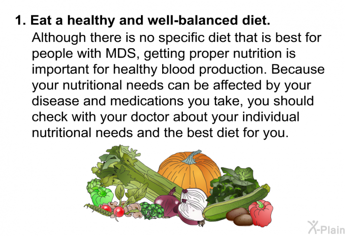 Eat a healthy and well-balanced diet  Although there is no specific diet that is best for people with MDS, getting proper nutrition is important for healthy blood production. Because your nutritional needs can be affected by your disease and medications you take, you should check with your doctor about your individual nutritional needs and the best diet for you.