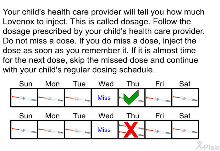 Your child's health care provider will tell you how much Lovenox to inject. This is called dosage. Follow the dosage prescribed by your child's health care provider. Do not miss a dose. If you do miss a dose, inject the dose as soon as you remember it. If it is almost time for the next dose, skip the missed dose and continue with your child's regular dosing schedule.