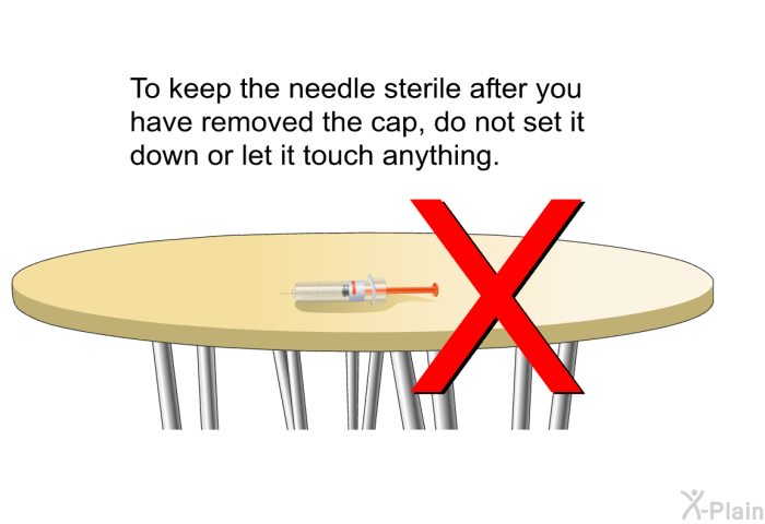 To keep the needle sterile after you have removed the cap, do not set it down or let it touch anything.