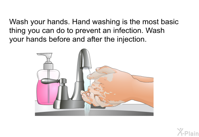 Wash your hands. Hand washing is the most basic thing you can do to prevent an infection. Wash your hands before and after the injection.