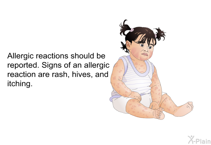 Allergic reactions should be reported. Signs of an allergic reaction are rash, hives, and itching.