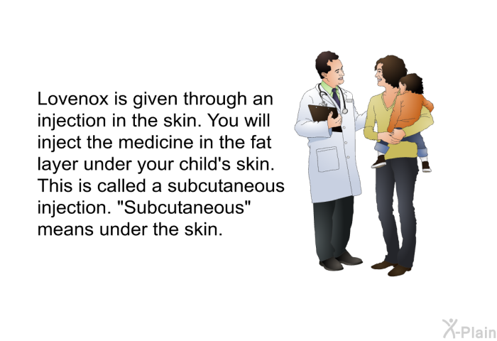 Lovenox is given through an injection in the skin. You will inject the medicine in the fat layer under your child's skin. This is called a subcutaneous injection. &ldquo;Subcutaneous&rdquo; means under the skin.