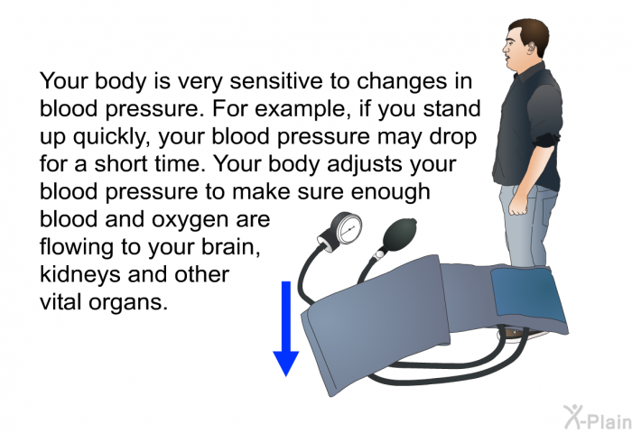 Your body is very sensitive to changes in blood pressure. For example, if you stand up quickly, your blood pressure may drop for a short time. Your body adjusts your blood pressure to make sure enough blood and oxygen are flowing to your brain, kidneys and other vital organs.