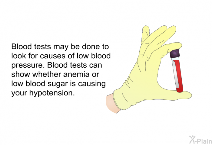 Blood tests may be done to look for causes of low blood pressure. Blood tests can show whether anemia or low blood sugar is causing your hypotension.