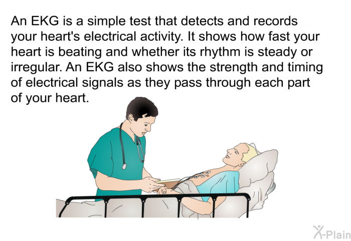 An EKG is a simple test that detects and records your heart's electrical activity. It shows how fast your heart is beating and whether its rhythm is steady or irregular. An EKG also shows the strength and timing of electrical signals as they pass through each part of your heart.