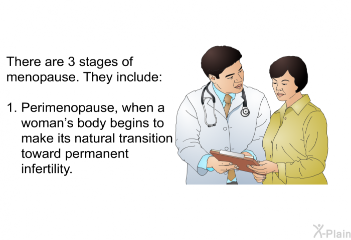 There are 3 stages of menopause. They include:  Perimenopause, when a woman's body begins to make its natural transition toward permanent infertility.