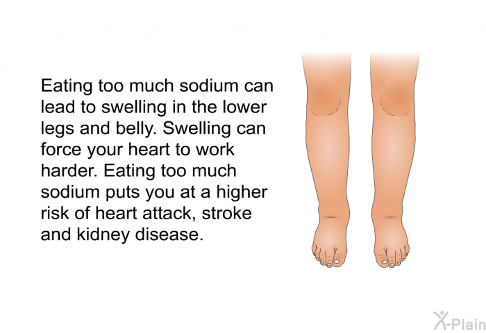 Eating too much sodium can lead to swelling in the lower legs and belly. Swelling can force your heart to work harder. Eating too much sodium puts you at a higher risk of heart attack, stroke and kidney disease.