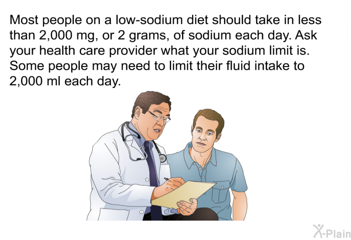 Most people on a low-sodium diet should take in less than 2,000 mg, or 2 grams, of sodium each day. Ask your health care provider what your sodium limit is. Some people may need to limit their fluid intake to 2,000 ml each day.