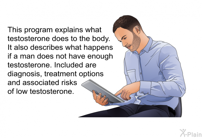 This health information explains what testosterone does to the body. It also describes what happens if a man does not have enough testosterone. Included are diagnosis, treatment options and associated risks of low testosterone.