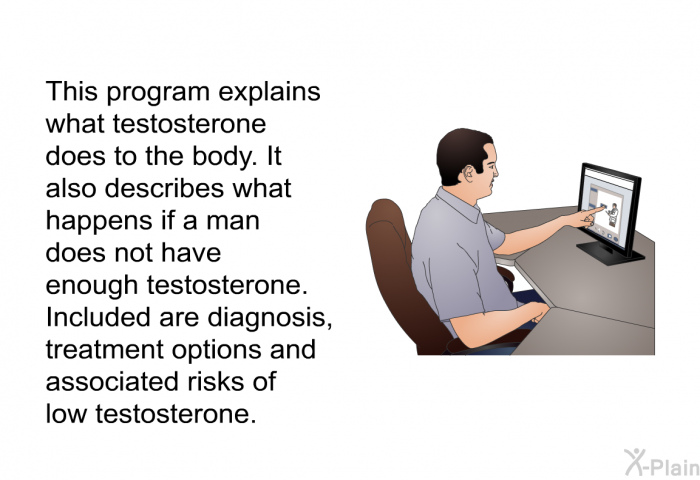 This health information explains what testosterone does to the body. It also describes what happens if a man does not have enough testosterone. Included are diagnosis, treatment options and associated risks of low testosterone.