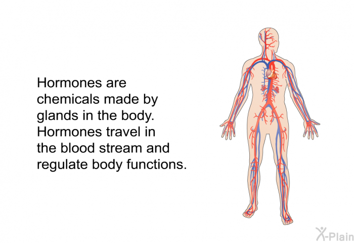 Hormones are chemicals made by glands in the body. Hormones travel in the blood stream and regulate body functions.