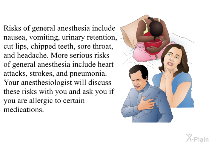 Risks of general anesthesia include nausea, vomiting, urinary retention, cut lips, chipped teeth, sore throat, and headache. More serious risks of general anesthesia include heart attacks, strokes, and pneumonia. Your anesthesiologist will discuss these risks with you and ask you if you are allergic to certain medications