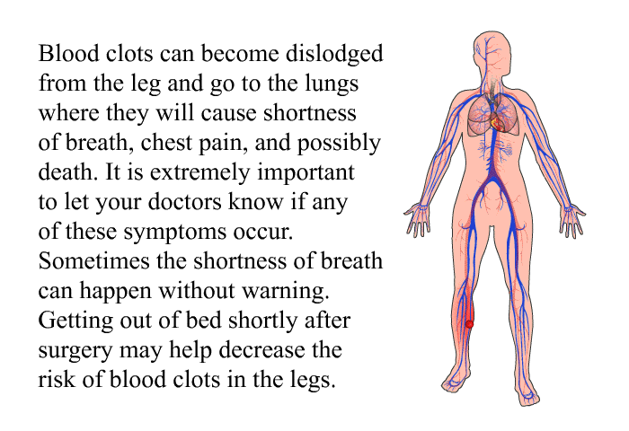 Blood clots can become dislodged from the leg and go to the lungs where they will cause shortness of breath, chest pain, and possibly death. It is extremely important to let your doctors know if any of these symptoms occur. Sometimes the shortness of breath can happen without warning. Getting out of bed shortly after surgery may help decrease the risk of blood clots in the legs.