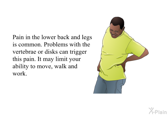Pain in the lower back and legs is common. Problems with the vertebrae or disks can trigger this pain. It may limit your ability to move, walk and work.