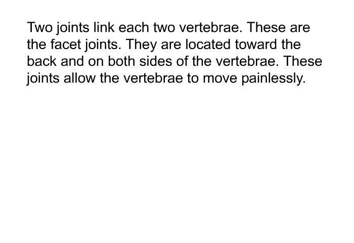Two joints link each two vertebrae. These are the facet joints. They are located toward the back and on both sides of the vertebrae. These joints allow the vertebrae to move painlessly.