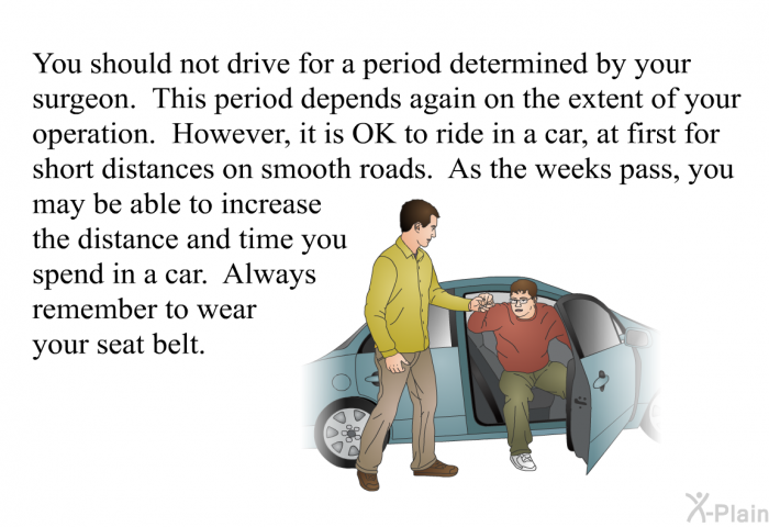 You should not drive for a period determined by your surgeon. This period depends again on the extent of your operation. However, it is OK to ride in a car, at first for short distances on smooth roads. As the weeks pass, you may be able to increase the distance and time you spend in a car. Always remember to wear your seat belt.