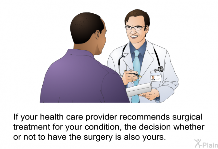 If your health care provider recommends surgical treatment for your condition, the decision whether or not to have the surgery is also yours.