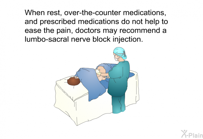 When rest, over-the-counter medications, and prescribed medications do not help to ease the pain, doctors may recommend a lumbo-sacral nerve block injection.