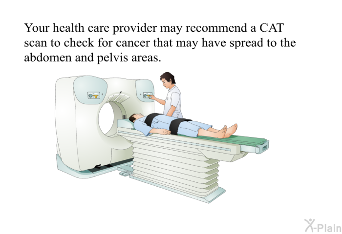 Your health care provider may recommend a CAT scan to check for cancer that may have spread to the abdomen and pelvis areas.