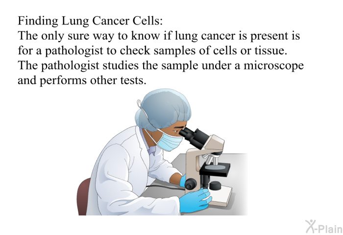 Finding Lung Cancer Cells: The only sure way to know if lung cancer is present is for a pathologist to check samples of cells or tissue. The pathologist studies the sample under a microscope and performs other tests.