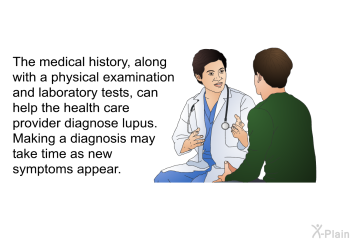 The medical history, along with a physical examination and laboratory tests, can help the health care provider diagnose lupus. Making a diagnosis may take time as new symptoms appear.