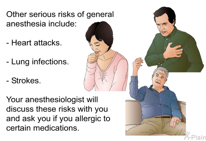 Other serious risks of general anesthesia include:  Heart attacks. Lung infections. Strokes.  
 Your anesthesiologist will discuss these risks with you and ask you if you allergic to certain medications.