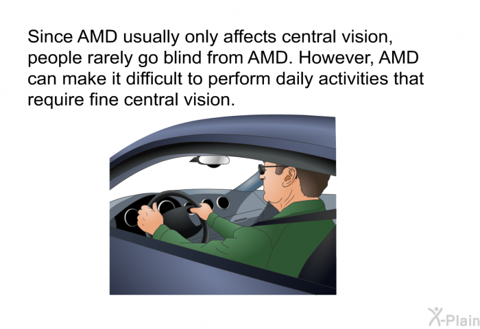 Since AMD usually only affects central vision, people rarely go blind from AMD. However, AMD can make it difficult to perform daily activities that require fine central vision.