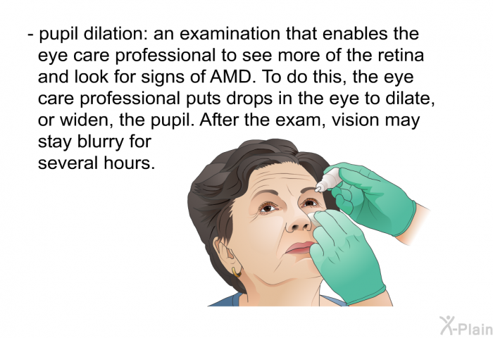 pupil dilation: an examination that enables the eye care professional to see more of the retina and look for signs of AMD. To do this, the eye care professional puts drops in the eye to dilate, or widen, the pupil. After the exam, vision may stay blurry for several hours.