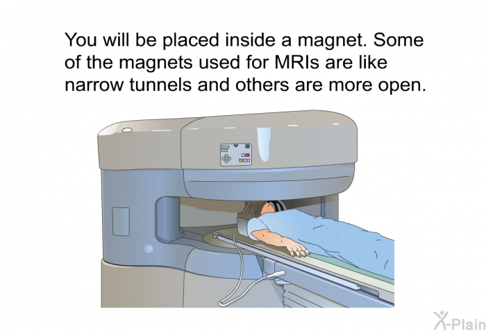 You will be placed inside a magnet. Some of the magnets used for MRIs are like narrow tunnels and others are more open.