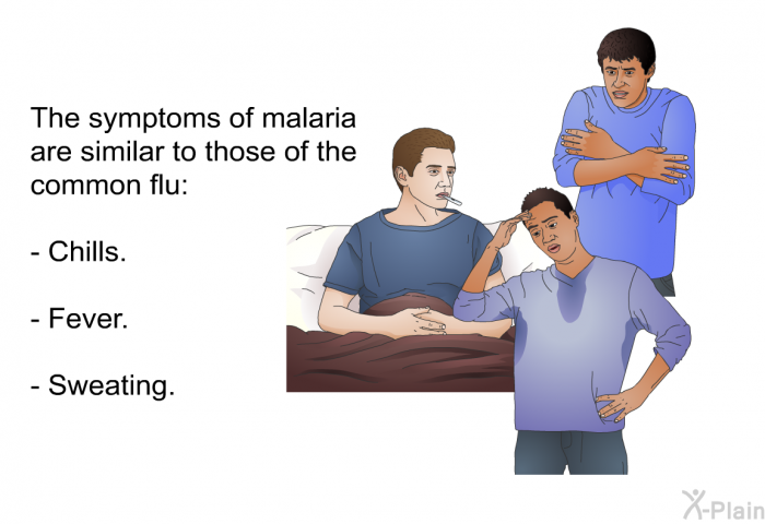 The symptoms of malaria are similar to those of the common flu:  Chills. Fever. Sweating.