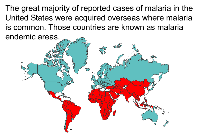 The great majority of reported cases of malaria in the United States were acquired overseas where malaria is common. Those countries are known as malaria endemic areas.