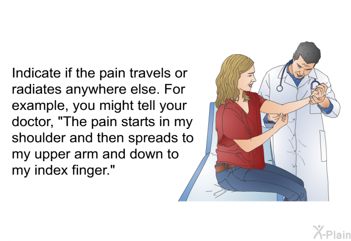 Indicate if the pain travels or radiates anywhere else. For example, you might tell your doctor, "The pain starts in my shoulder and then spreads to my upper arm and down to my index finger."