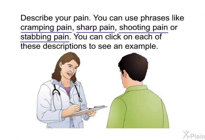 Describe your pain. You can use phrases like cramping pain, sharp pain, shooting pain or stabbing pain. You can click on each of these descriptions to see an example.