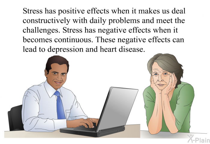Stress has positive effects when it makes us deal constructively with daily problems and meet the challenges. Stress has negative effects when it becomes continuous. These negative effects can lead to depression and heart disease.
