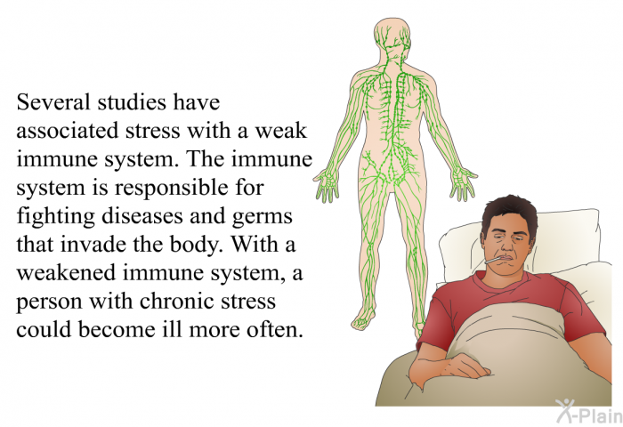 Several studies have associated stress with a weak immune system. The immune system is responsible for fighting diseases and germs that invade the body. With a weakened immune system, a person with chronic stress could become ill more often.
