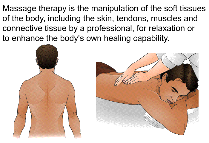 Massage therapy is the manipulation of the soft tissues of the body, including the skin, tendons, muscles and connective tissue by a professional, for relaxation or to enhance the body's own healing capability.