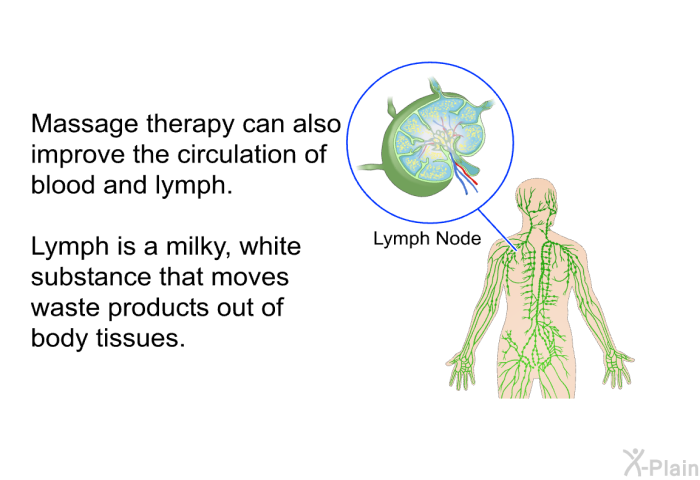 Massage therapy can also improve the circulation of blood and lymph. Lymph is a milky, white substance that moves waste products out of body tissues.