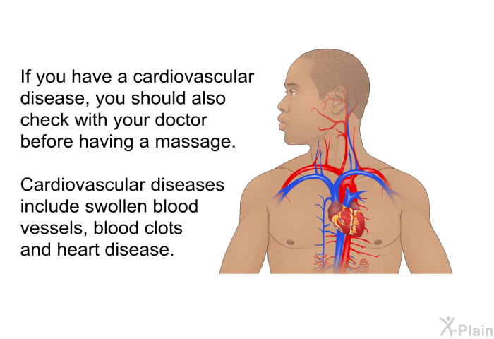 If you have a cardiovascular disease, you should also check with your doctor before having a massage. Cardiovascular diseases include swollen blood vessels, blood clots and heart disease.
