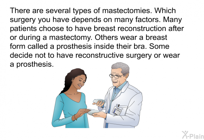 There are several types of mastectomies. Which surgery you have depends on many factors. Many patients choose to have breast reconstruction after or during a mastectomy. Others wear a breast form called a prosthesis inside their bra. Some decide not to have reconstructive surgery or wear a prosthesis.