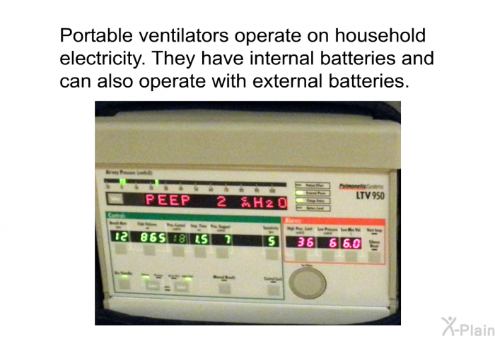 Portable ventilators operate on household electricity. They have internal batteries and can also operate with external batteries.