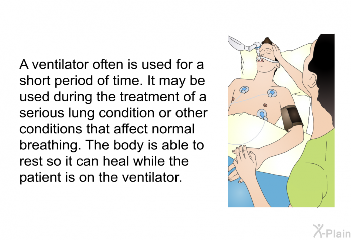 A ventilator often is used for a short period of time. It may be used during the treatment of a serious lung condition or other conditions that affect normal breathing. The body is able to rest so it can heal while the patient is on the ventilator.