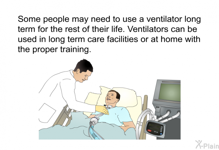 Some people may need to use a ventilator long term for the rest of their life. Ventilators can be used in long term care facilities or at home with the proper training.