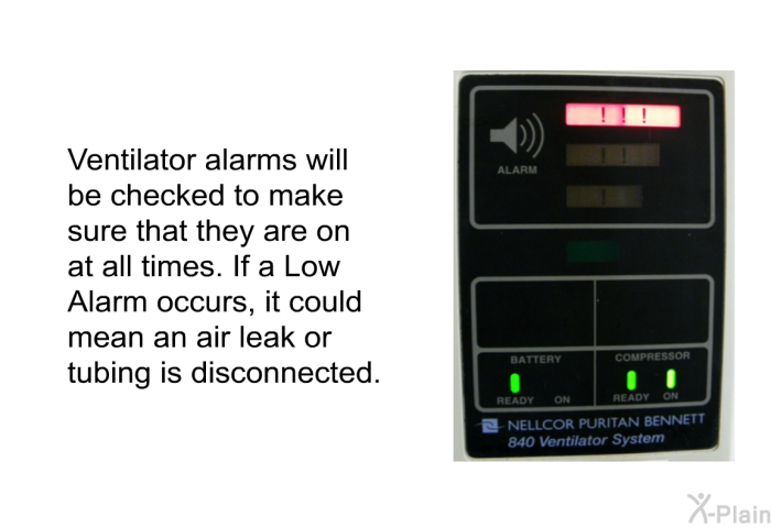 Ventilator alarms will be checked to make sure that they are on at all times. If a Low Alarm occurs, it could mean an air leak or tubing is disconnected.