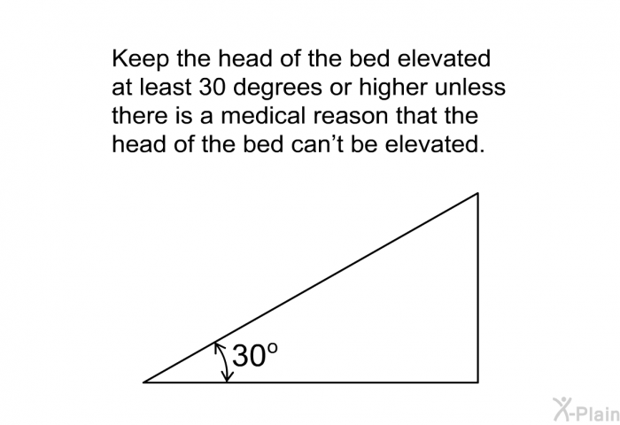 Keep the head of the bed elevated at least 30 degrees or higher unless there is a medical reason that the head of the bed can't be elevated.