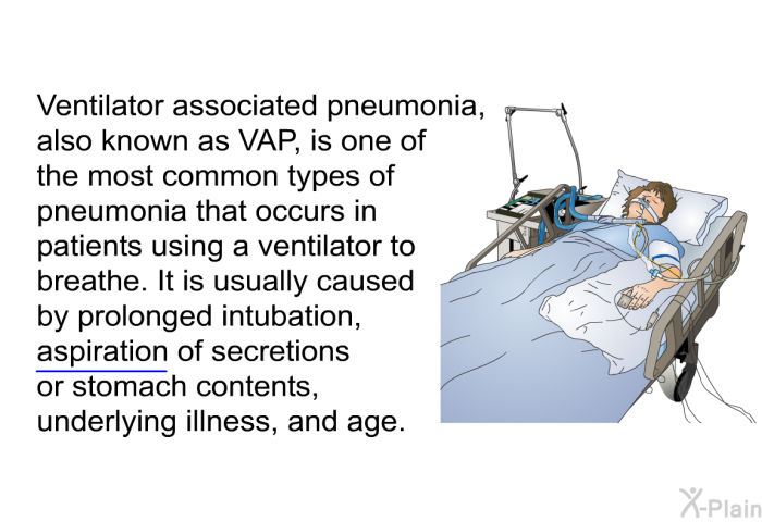 Ventilator associated pneumonia, also known as VAP, is one of the most common types of pneumonia that occurs in patients using a ventilator to breathe. It is usually caused by prolonged intubation, aspiration of secretions or stomach contents, underlying illness, and age.