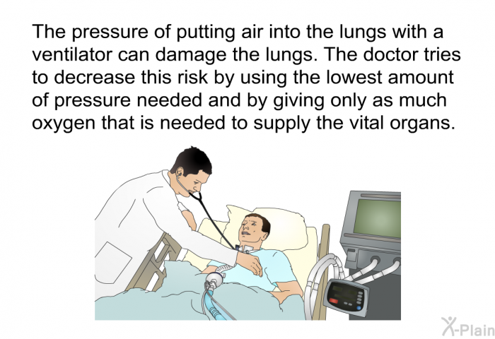 The pressure of putting air into the lungs with a ventilator can damage the lungs. The doctor tries to decrease this risk by using the lowest amount of pressure needed and by giving only as much oxygen that is needed to supply the vital organs.